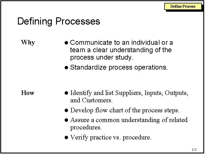 Define Process Defining Processes Why l How l Communicate to an individual or a