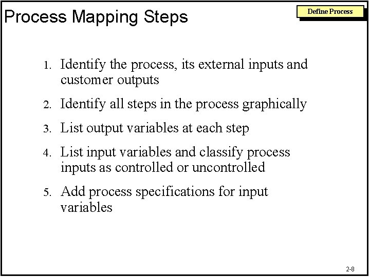 Process Mapping Steps 1. Identify the process, its external inputs and customer outputs 2.