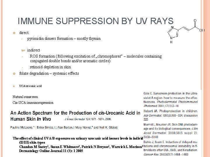 IMMUNE SUPPRESSION BY UV RAYS direct pyrimidin dimers formation – mostly thymin indirect -