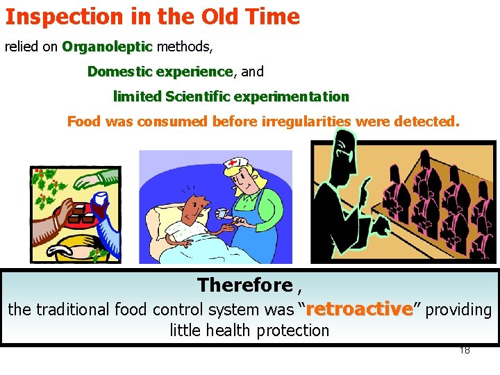 Inspection in the Old Time relied on Organoleptic methods, Domestic experience, experience and limited