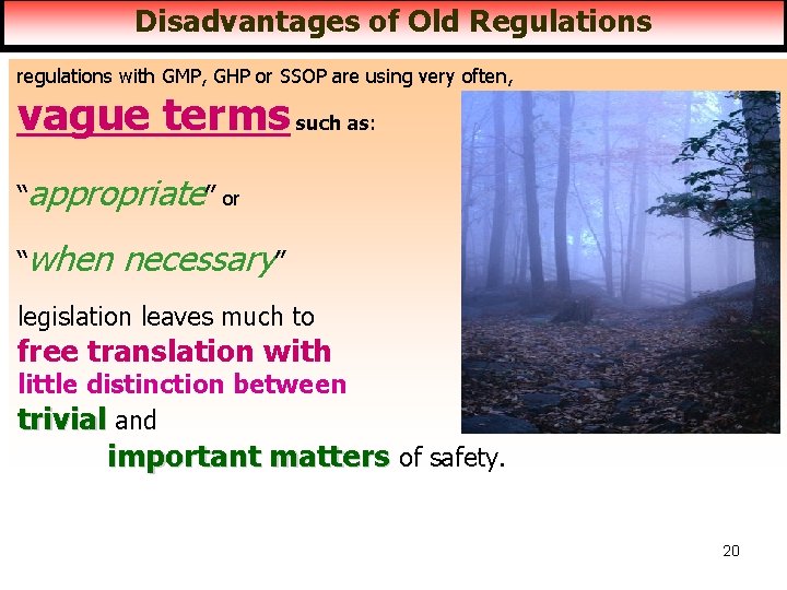 Disadvantages of Old Regulations regulations with GMP, GHP or SSOP are using very often,
