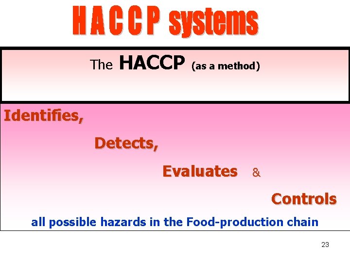 The HACCP (as a method) Identifies, Detects, Evaluates & Controls all possible hazards in