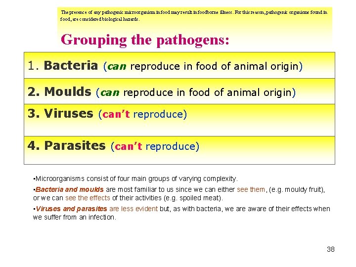 The presence of any pathogenic microorganism in food may result in foodborne illness. For