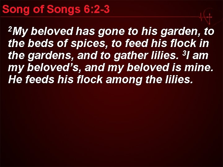 Song of Songs 6: 2 -3 2 My beloved has gone to his garden,