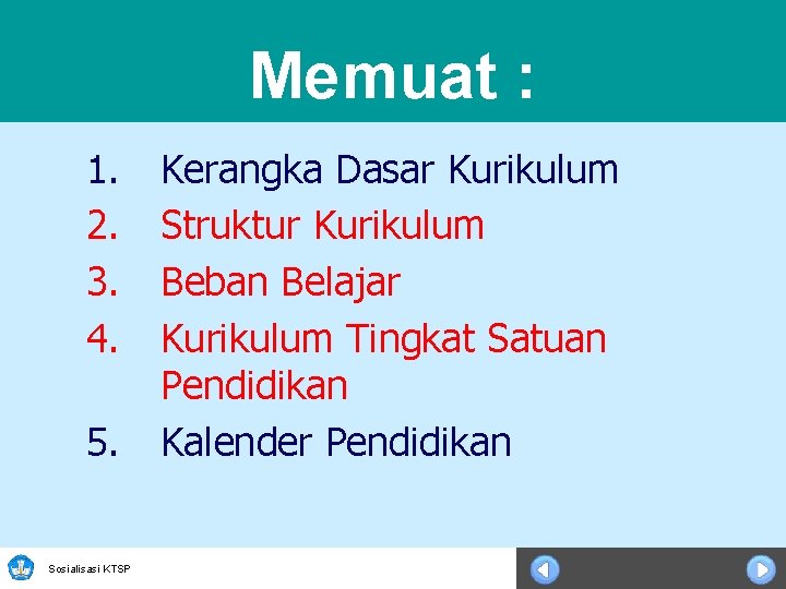 Memuat : 1. 2. 3. 4. 5. Sosialisasi KTSP Kerangka Dasar Kurikulum Struktur Kurikulum