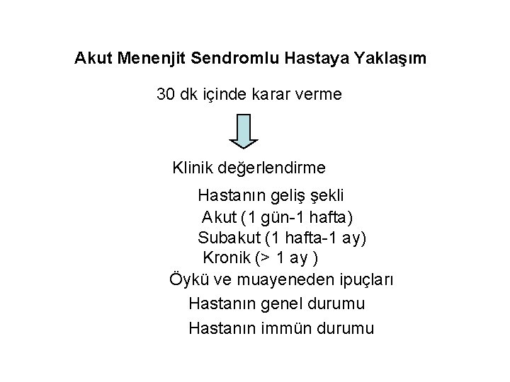 Akut Menenjit Sendromlu Hastaya Yaklaşım 30 dk içinde karar verme Klinik değerlendirme Hastanın geliş