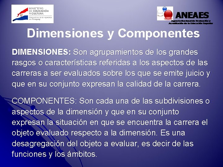 Dimensiones y Componentes DIMENSIONES: Son agrupamientos de los grandes rasgos o características referidas a