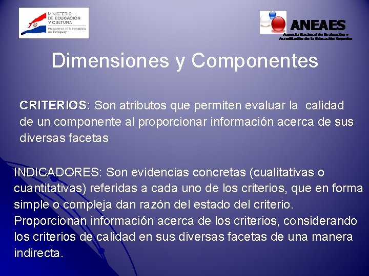 Dimensiones y Componentes CRITERIOS: Son atributos que permiten evaluar la calidad de un componente