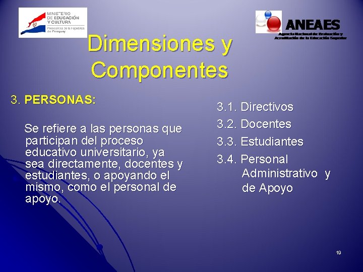 Dimensiones y Componentes 3. PERSONAS: Se refiere a las personas que participan del proceso