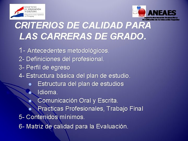 CRITERIOS DE CALIDAD PARA LAS CARRERAS DE GRADO. 1 - Antecedentes metodológicos. 2 -