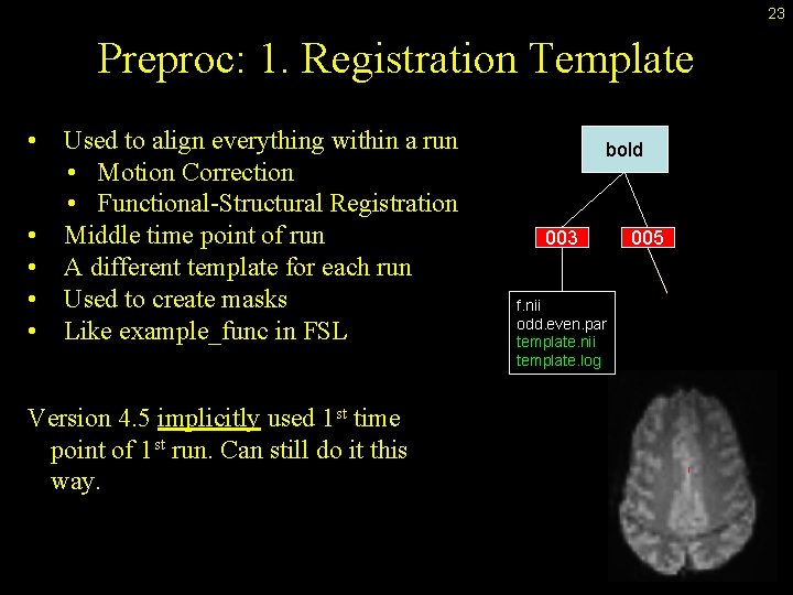 23 Preproc: 1. Registration Template • Used to align everything within a run •