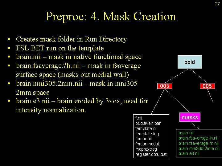 27 Preproc: 4. Mask Creation • • Creates mask folder in Run Directory FSL