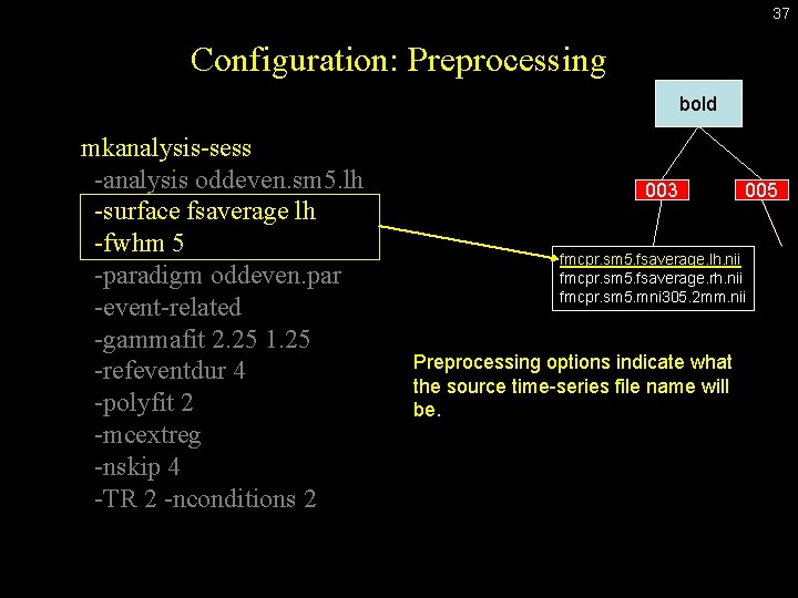 37 Configuration: Preprocessing bold mkanalysis-sess -analysis oddeven. sm 5. lh -surface fsaverage lh -fwhm