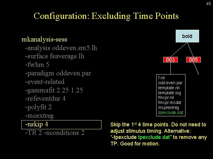 45 Configuration: Excluding Time Points mkanalysis-sess -analysis oddeven. sm 5. lh -surface fsaverage lh