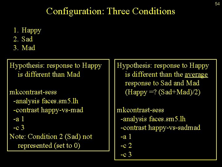 Configuration: Three Conditions 1. Happy 2. Sad 3. Mad Hypothesis: response to Happy is