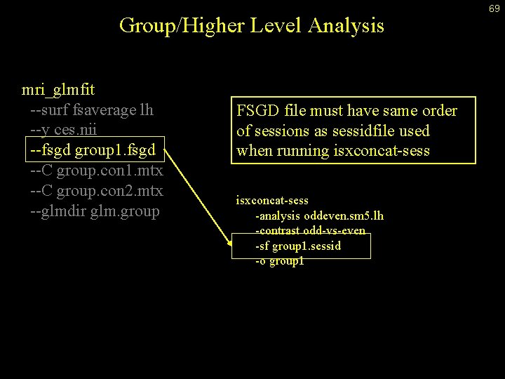 Group/Higher Level Analysis mri_glmfit --surf fsaverage lh --y ces. nii --fsgd group 1. fsgd