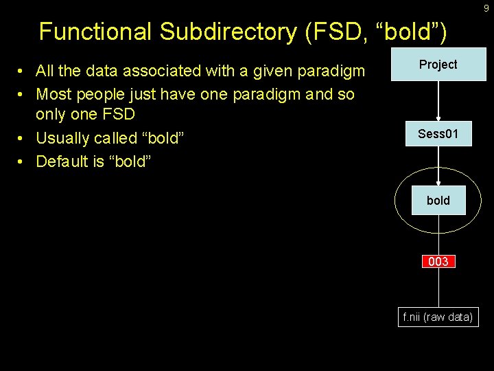 9 Functional Subdirectory (FSD, “bold”) • All the data associated with a given paradigm