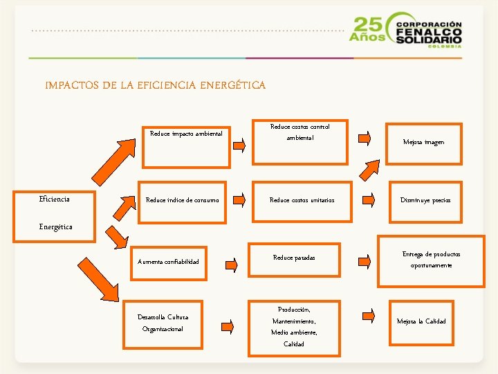 IMPACTOS DE LA EFICIENCIA ENERGÉTICA Reduce impacto ambiental Eficiencia Reduce índice de consumo Reduce