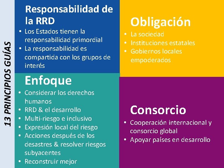 13 PRINCIPIOS GUÍAS Responsabilidad de la RRD • Los Estados tienen la responsabilidad primordial 13 PRINCIPIOS GUÍAS Responsabilidad de la RRD • Los Estados tienen la responsabilidad primordial