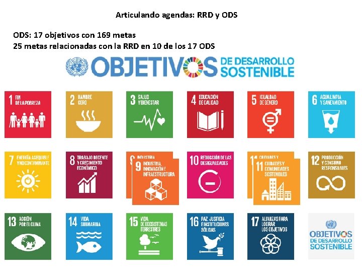 Articulando agendas: RRD y ODS: 17 objetivos con 169 metas 25 metas relacionadas con Articulando agendas: RRD y ODS: 17 objetivos con 169 metas 25 metas relacionadas con