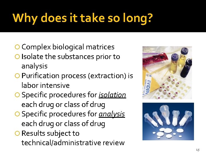 Why does it take so long? Complex biological matrices Isolate the substances prior to