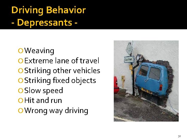 Driving Behavior - Depressants Weaving Extreme lane of travel Striking other vehicles Striking fixed