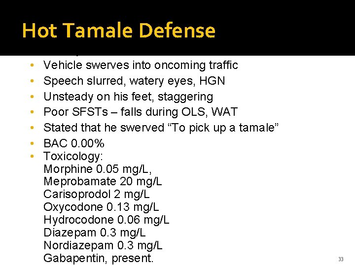 Hot Tamale Defense Male, 48 y • Vehicle swerves into oncoming traffic • Speech