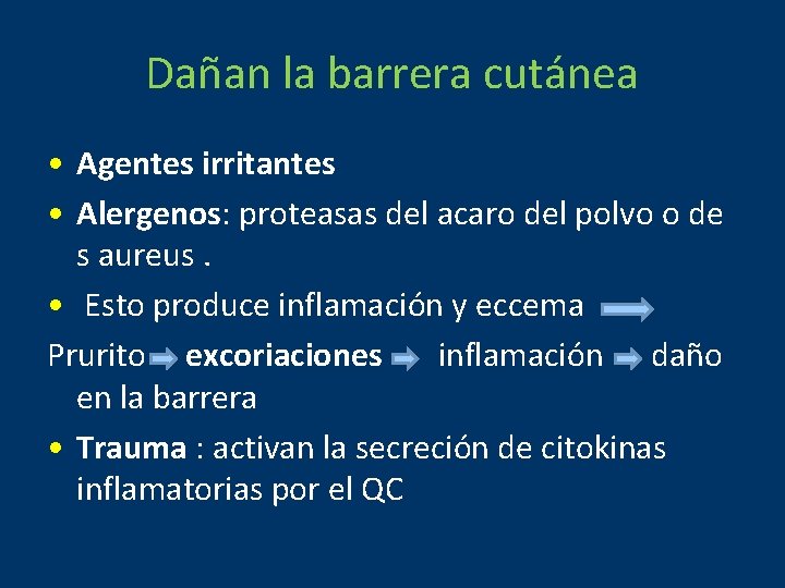 Dañan la barrera cutánea • Agentes irritantes • Alergenos: proteasas del acaro del polvo