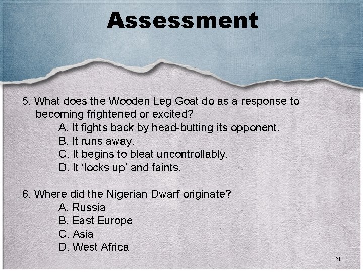 Assessment 5. What does the Wooden Leg Goat do as a response to becoming