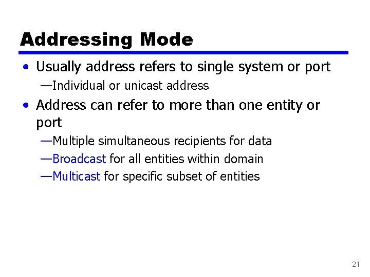 Addressing Mode • Usually address refers to single system or port —Individual or unicast