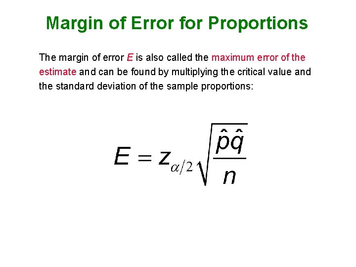 Margin of Error for Proportions The margin of error E is also called the
