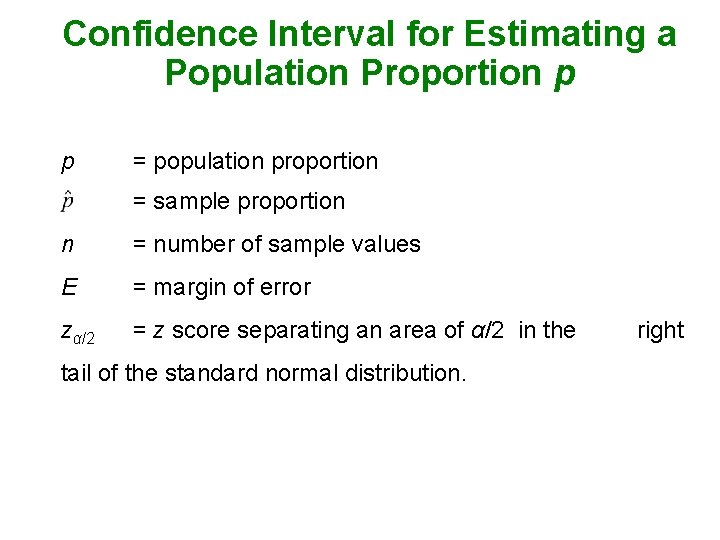 Confidence Interval for Estimating a Population Proportion p p = population proportion = sample