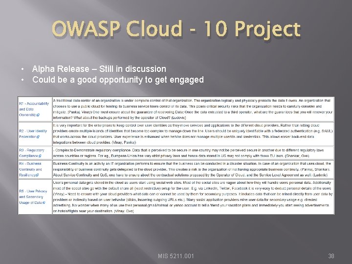 OWASP Cloud ‐ 10 Project • Alpha Release – Still in discussion • Could
