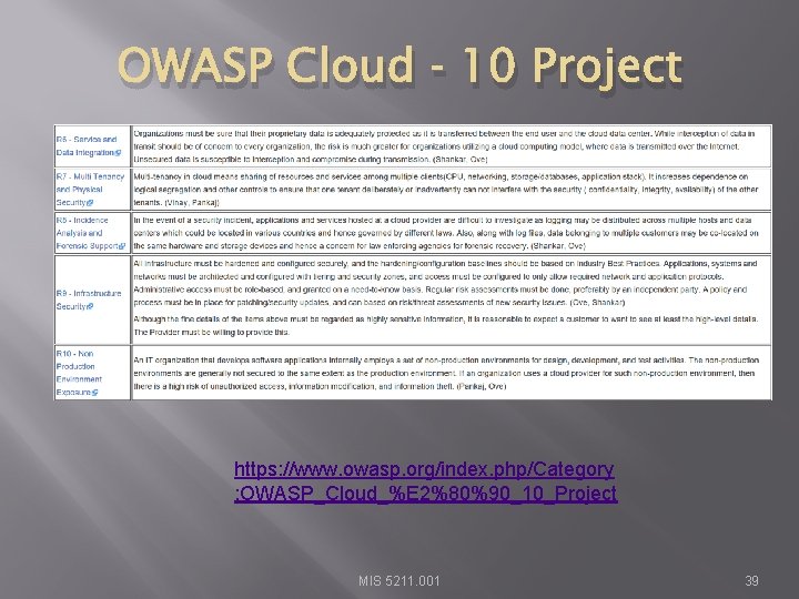 OWASP Cloud ‐ 10 Project https: //www. owasp. org/index. php/Category : OWASP_Cloud_%E 2%80%90_10_Project MIS