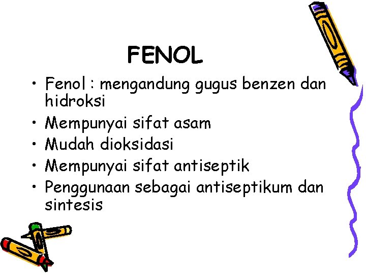 FENOL • Fenol : mengandung gugus benzen dan hidroksi • Mempunyai sifat asam •