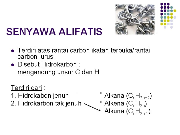 SENYAWA ALIFATIS l l Terdiri atas rantai carbon ikatan terbuka/rantai carbon lurus. Disebut Hidrokarbon