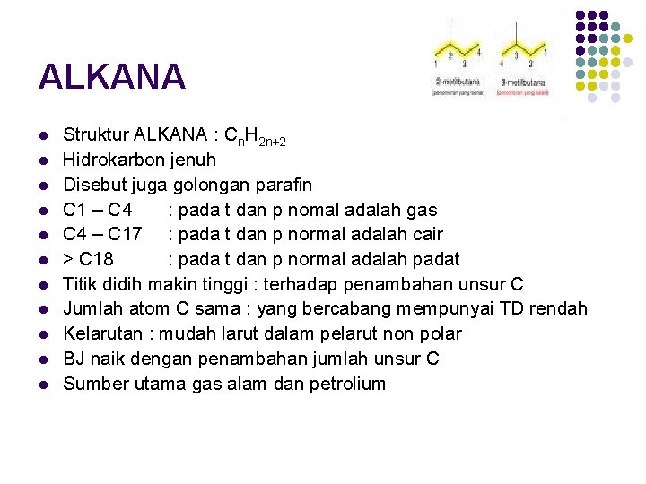 ALKANA l l l Struktur ALKANA : Cn. H 2 n+2 Hidrokarbon jenuh Disebut