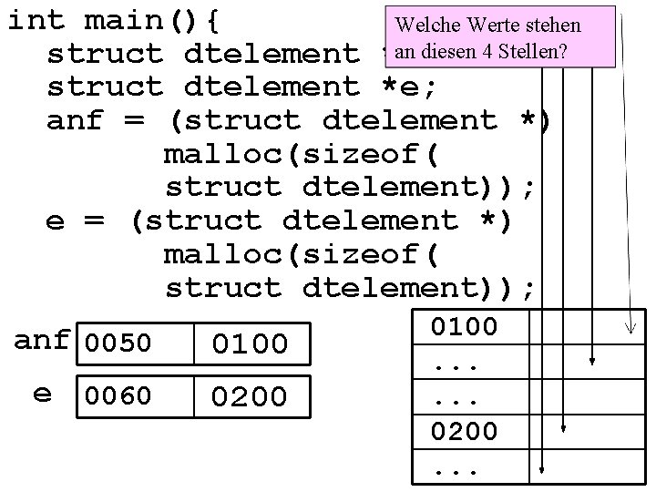 int main(){ Welche Werte stehen an diesen 4 Stellen? struct dtelement *anf; struct dtelement