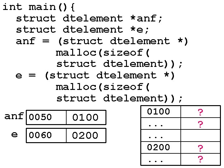 int main(){ struct dtelement *anf; struct dtelement *e; anf = (struct dtelement *) malloc(sizeof(