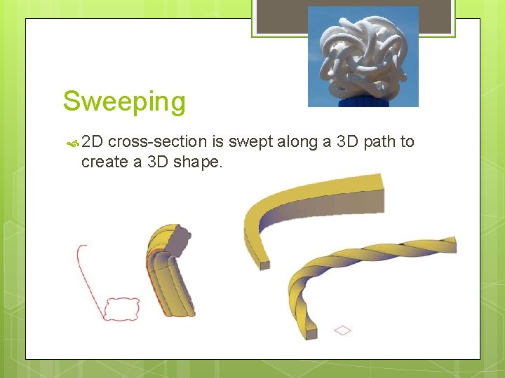 Sweeping 2 D cross-section is swept along a 3 D path to create a