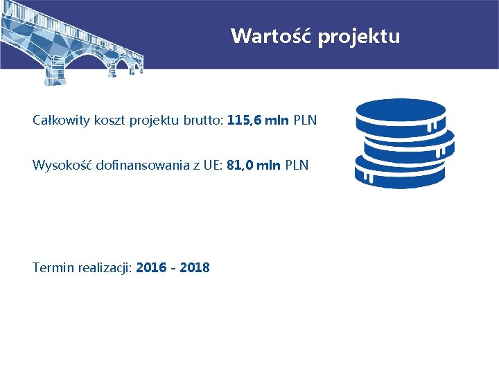 Wartość projektu Całkowity koszt projektu brutto: 115, 6 mln PLN Wysokość dofinansowania z UE: