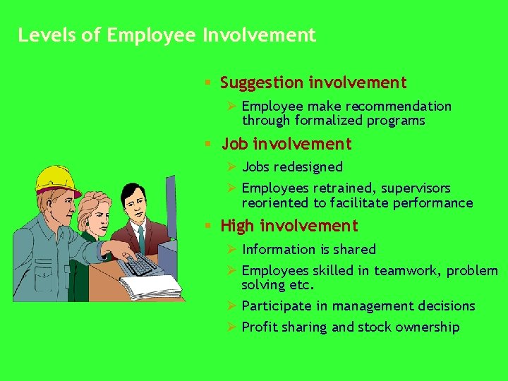 Levels of Employee Involvement § Suggestion involvement Ø Employee make recommendation through formalized programs