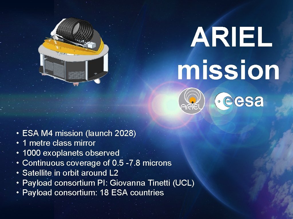 ARIEL mission • • ESA M 4 mission (launch 2028) 1 metre class mirror