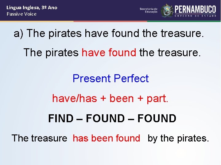 Língua Inglesa, 3º Ano Passive Voice a) The pirates have found the treasure. Present