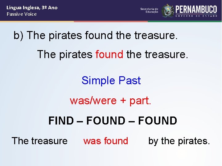 Língua Inglesa, 3º Ano Passive Voice b) The pirates found the treasure. Simple Past