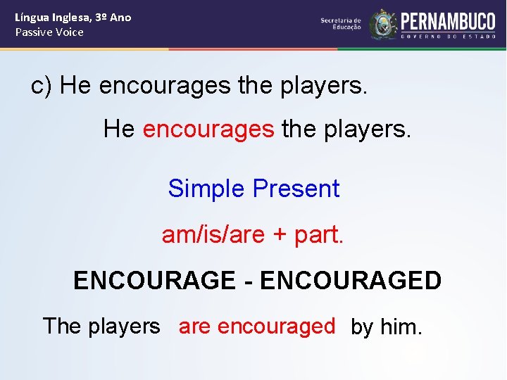 Língua Inglesa, 3º Ano Passive Voice c) He encourages the players. Simple Present am/is/are