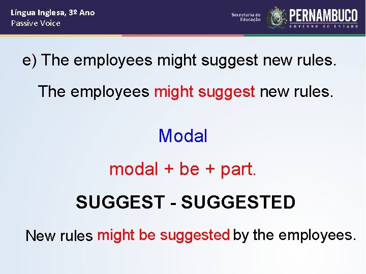 Língua Inglesa, 3º Ano Passive Voice e) The employees might suggest new rules. Modal