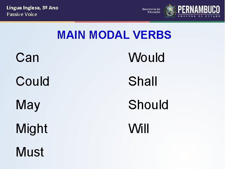 Língua Inglesa, 3º Ano Passive Voice MAIN MODAL VERBS Can Would Could Shall May