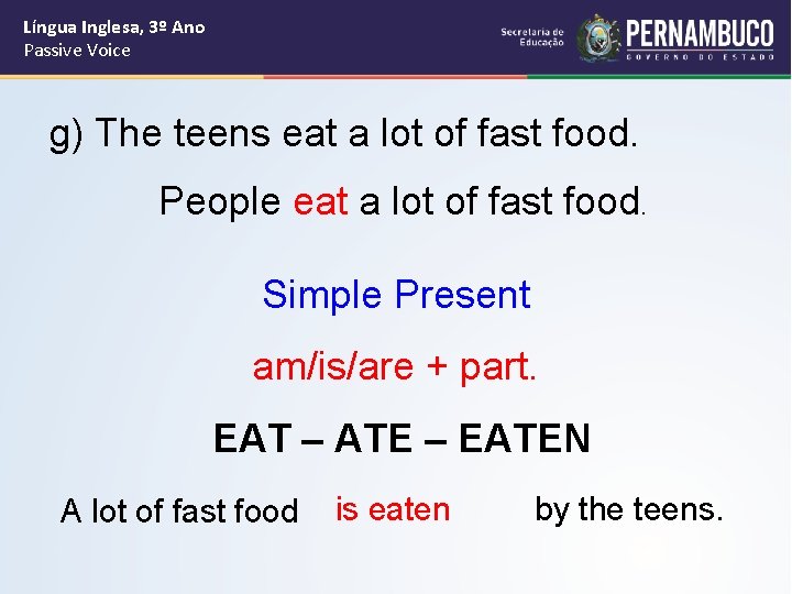 Língua Inglesa, 3º Ano Passive Voice g) The teens eat a lot of fast