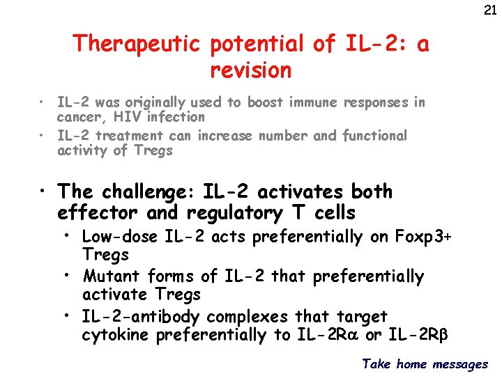 21 Therapeutic potential of IL-2: a revision • IL-2 was originally used to boost